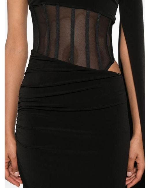 Nissa Black One-Shoulder Sheer-Insert Maxi Dress