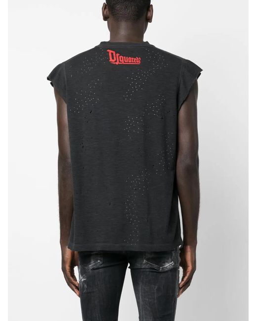DSquared² Black Distressed-Finish Raw-Cut T-Shirt for men