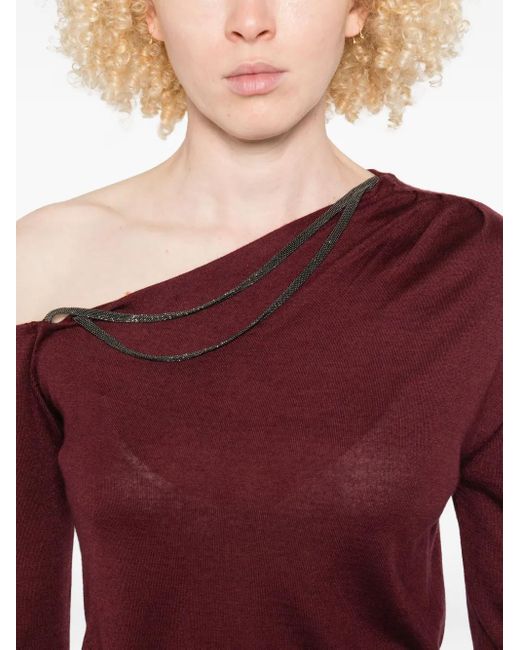 Brunello Cucinelli Red One-Shoulder Chain-Embellished Top