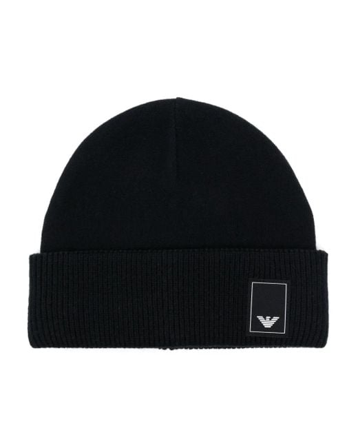 Emporio Armani Black Logo-Patch Beanie Hat for men