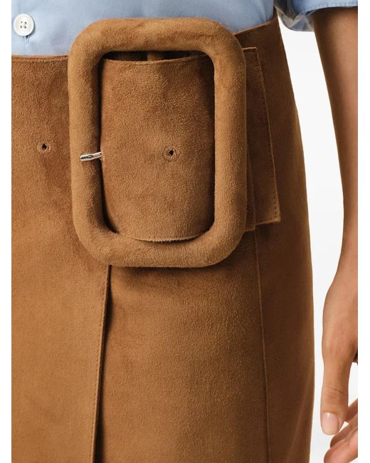 AMI Brown Goat Leather Big Buckle Belted Midi Skirt