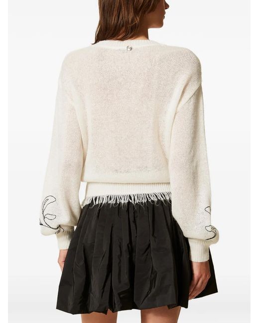 Twinset White Jumper With Floral Embroidery And Fringes