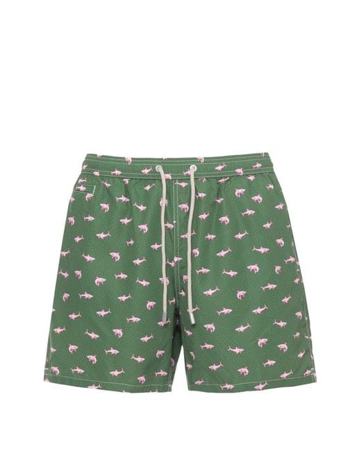 Mc2 Saint Barth Green Shark-Print Drawstring Swim Shorts for men