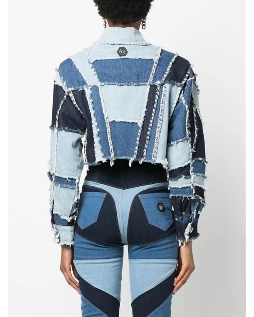 Philipp Plein Blue Denim-Patchwork Cropped Jacket