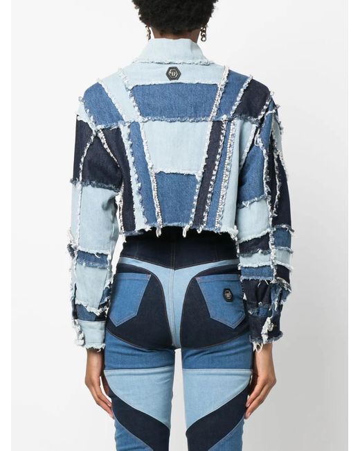 Philipp Plein Blue Denim-Patchwork Cropped Jacket