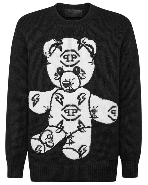 Philipp Plein Black Teddy Bear Embroidered-Jacquard Jumper for men