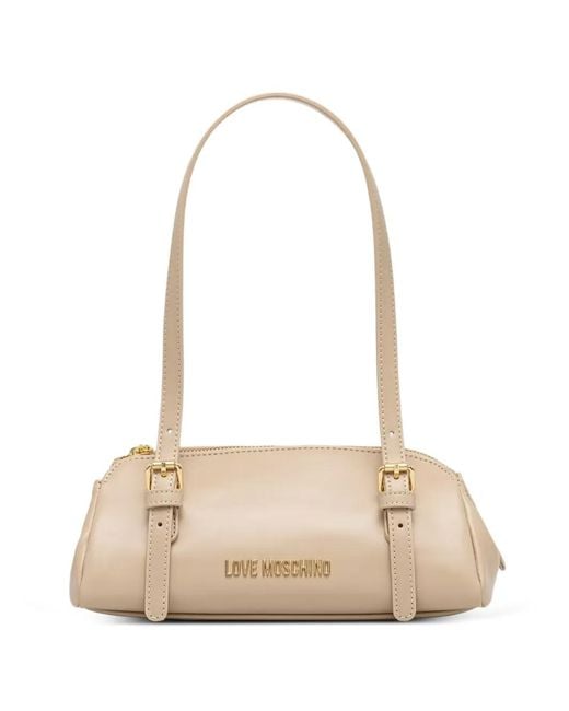 Love Moschino Natural Buckle-Detail Logo-Plaque Shoulder Bag