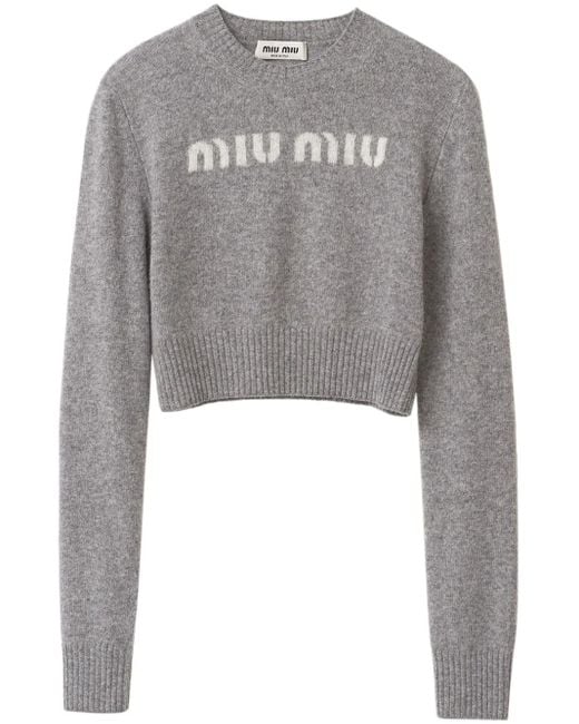 Miu Miu Gray Intarsien-Pullover Mit Logo