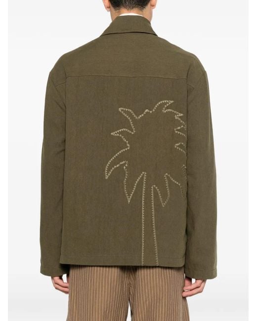 Commas Green Palm-Embroidered Patch-Pocket Overshirt for men