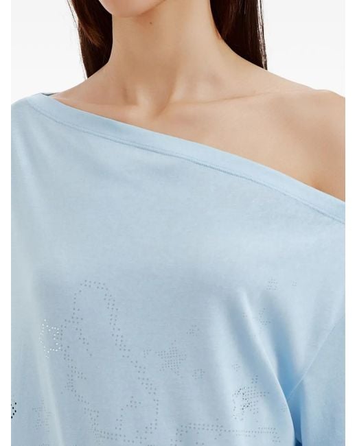 Mini Cream Blue Rhinestone-Embellished Asymmetric-Neck Cotton T-Shirt