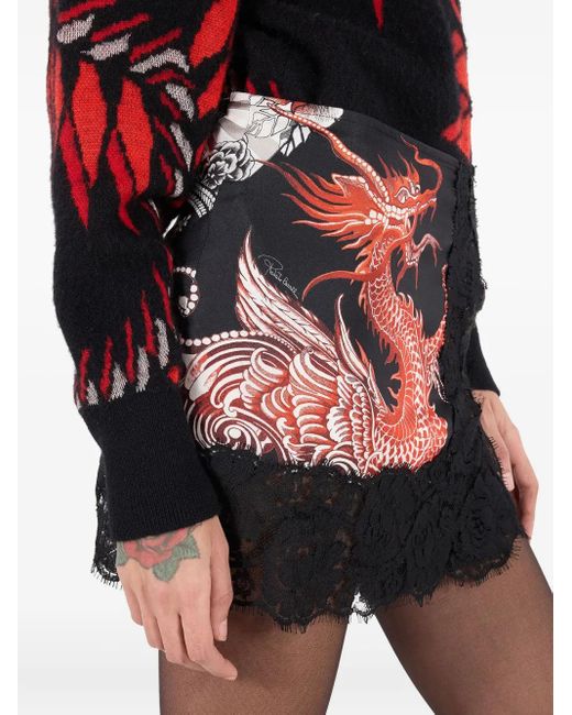 Roberto Cavalli Black Spitzenrock Mit Drachen-Print