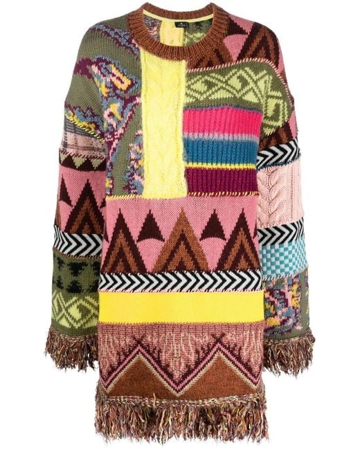 Etro Green Fringe-Detail Knitted Dress