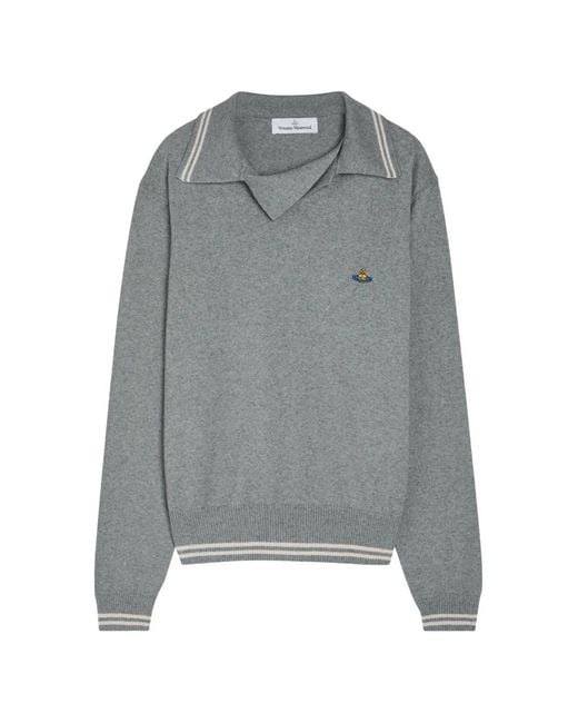 Vivienne Westwood Gray Orb-Embroidered Striped-Trim Sweater for men
