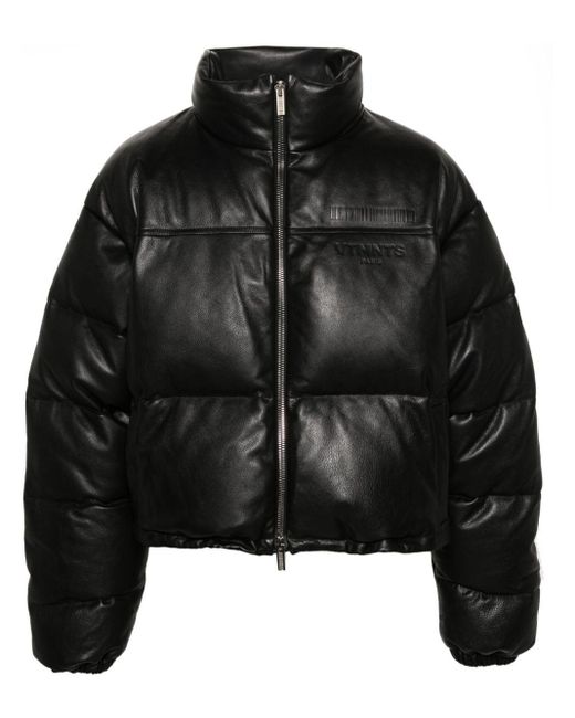VTMNTS Black Debossed-logo Leather Puffer Jacket for men