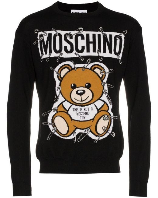 Moschino Black Teddy Bear Intarsia Safety Pin Virgin Wool Jumper for men