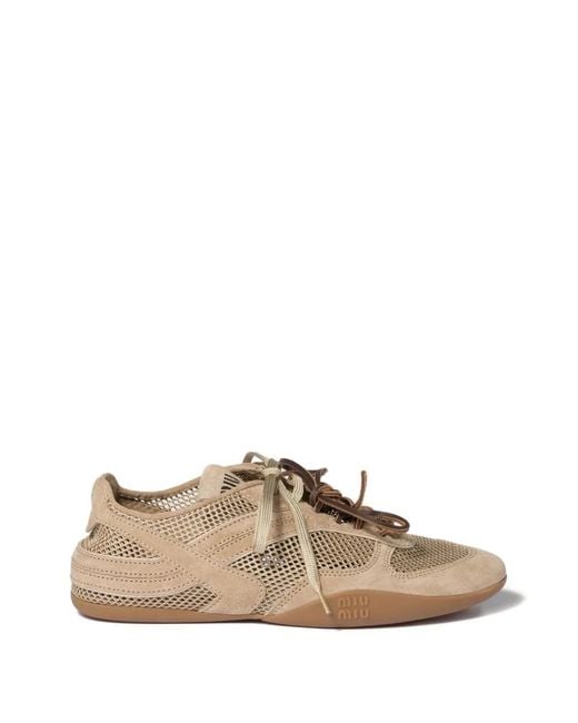 Miu Miu Natural Gymnasium Mesh And Suede Sneakers