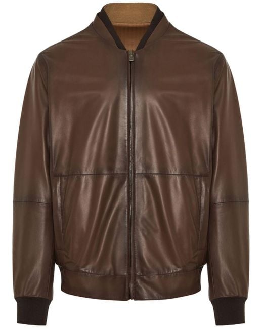 Corneliani Brown Baseball-collar Leather Jacket for men