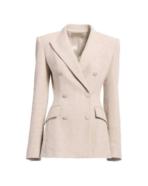 Elie Saab Natural Double-Breasted Peak-Lapel Blazer