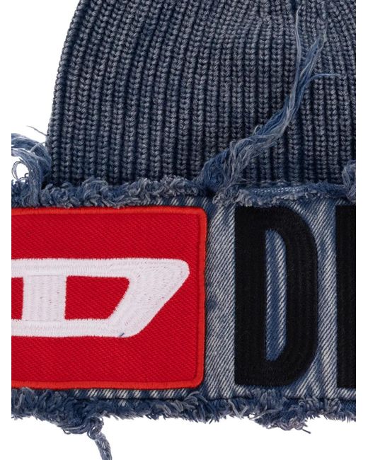 DIESEL Blue Denim Effect Beanie With Bold Patch Detail