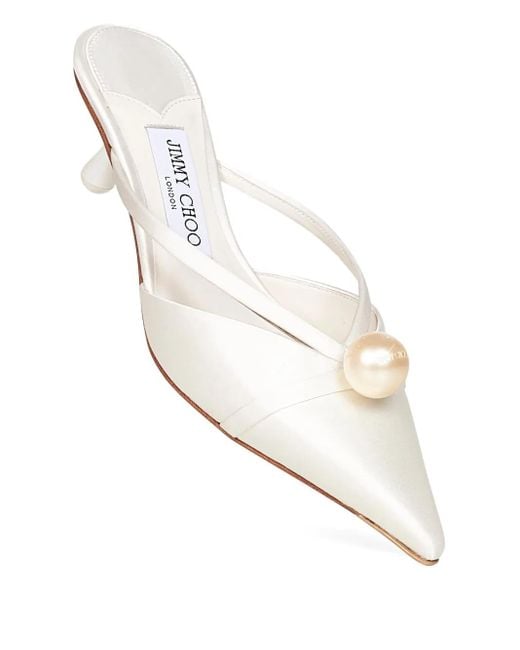 Jimmy Choo White Spitze Mules mit Perlenverzierung 50mm