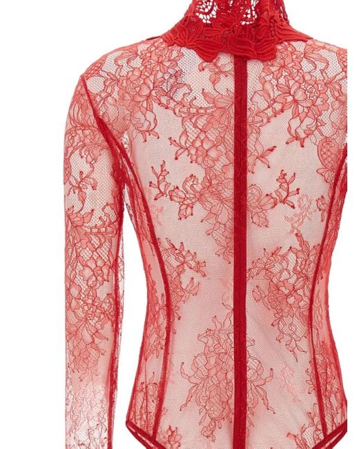 Blumarine Red Floral-Lace High-Neck Bodysuit