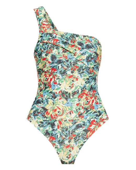 Ganni Multicolor Floral-Print One-Shoulder Swimsuit