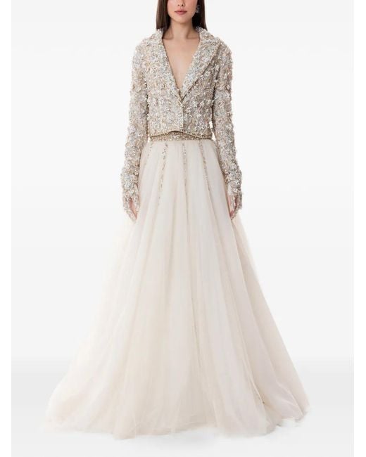 Dina Melwani White Embroidered Tulle Maxi Dress