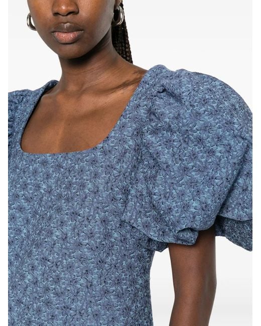 Max Mara Blue Floral-Jacquard Puff-Sleeve Dress