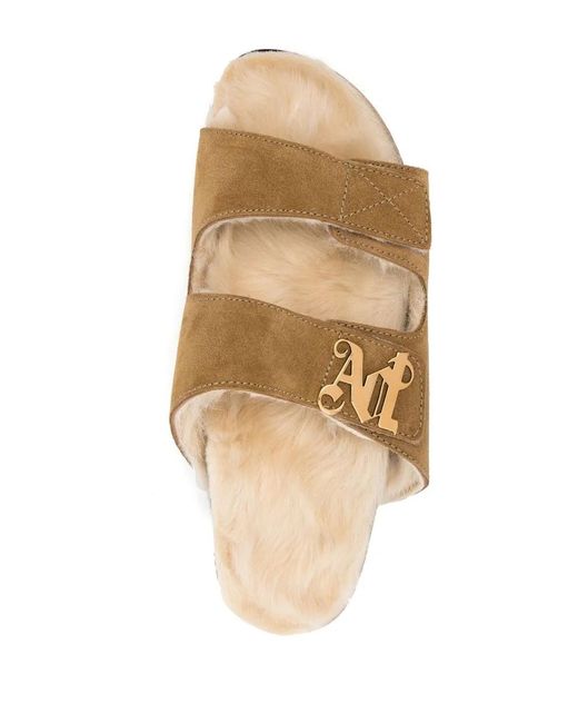 Palm Angels Natural Brown Logo-plaque Suede Sandals - Unisex - Sheep Skin/shearling/rubber/suede
