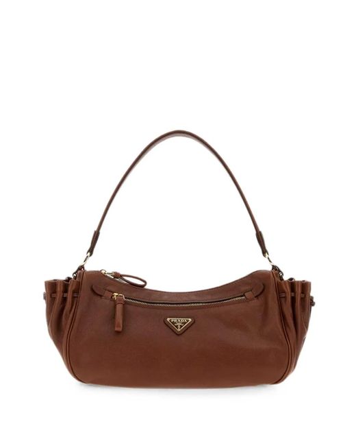 Prada Brown Small Logo-Plaque Gathered Tote Bag