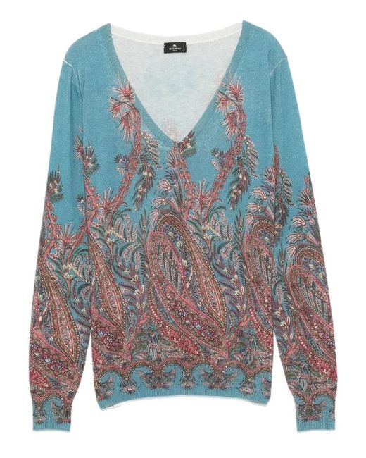 Etro Blue Paisley-Print V-Neck Top