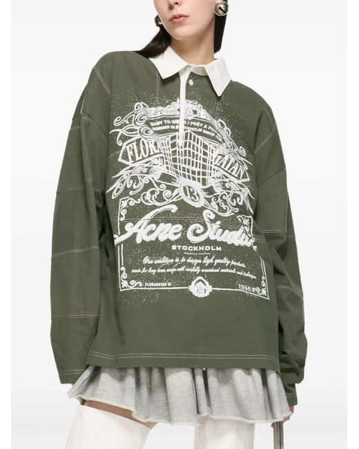 Acne Green Poloshirt Mit Grafischem Print