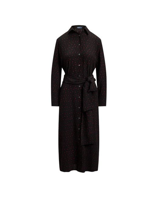 Polo Ralph Lauren Black Polka-Dot-Print Belted Midi Shirt Dress
