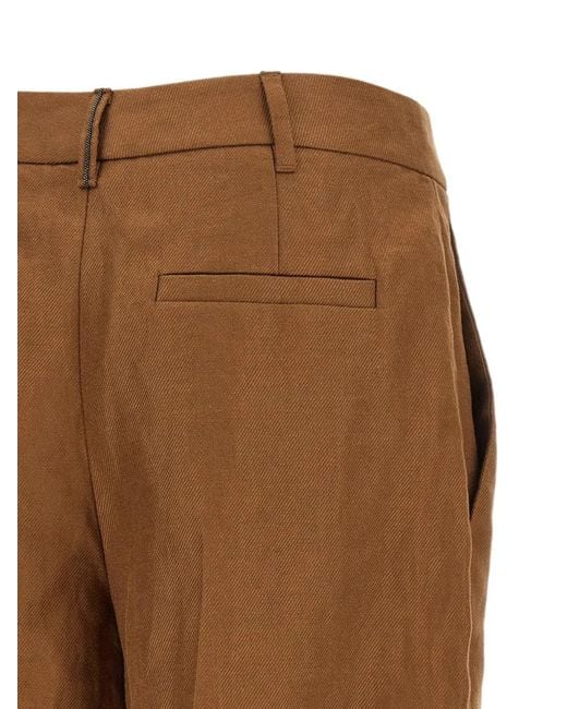 Brunello Cucinelli Brown Linen Diagonal Sartorial Shorts With Monili