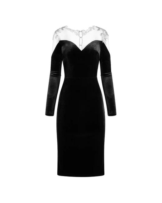 IMROSKA Black 26 Leaves Velvet V-Neck Midi Dress