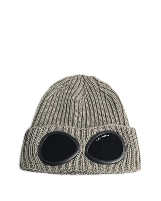 C P Company Gray Cuffed Ribbed Knit Beanie With Goggle Lenses, 100% Wool Made for men