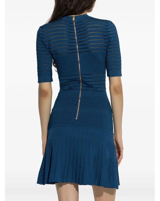 Balmain Blue Ribbed-Knit V-Neck Mini Dress