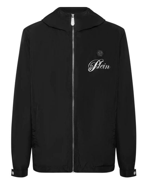 Philipp Plein Black Hooded Logo-Print Windbreaker for men