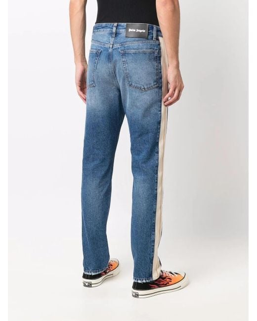 Palm Angels Blue Side-Stripe Straight-Leg Jeans for men
