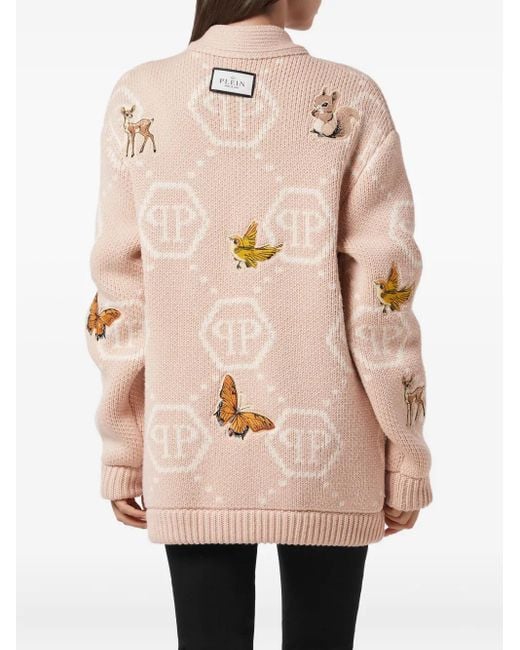 Philipp Plein Natural Long Oversized Cardigan With Fairy Embroidery