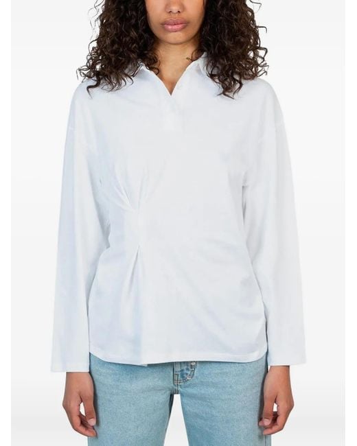 GIMAGUAS White Long-Sleeve Gathered-Detail Polo Shirt
