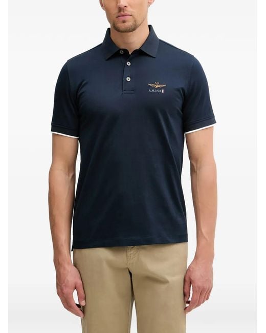 Aeronautica Militare Blue Logo-Embroidered Short-Sleeve Polo Shirt for men