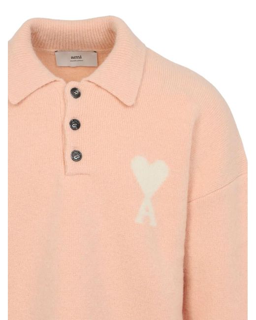 AMI Pink Button Alpaca Polo Shirt