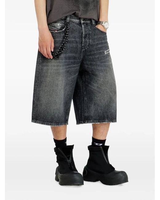 DIESEL Gray Denim Relaxed Shorts With Abrasions