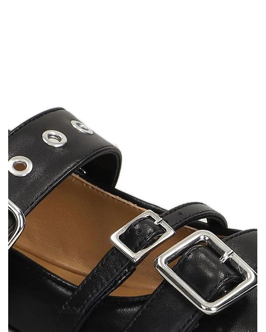 Anna F. Black Eyelet-Embellished Buckle-Strap Leather Ballet Flats