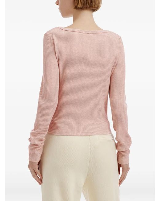 Chocoolate Pink Ribbed-Knit Heart-Motif Long-Sleeved Cropped T-Shirt