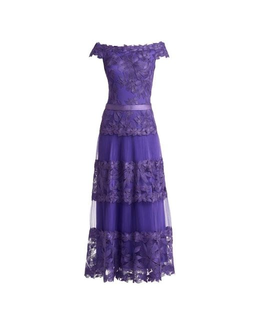 Tadashi Shoji Purple Floral Off-Shoulder Midi Dress