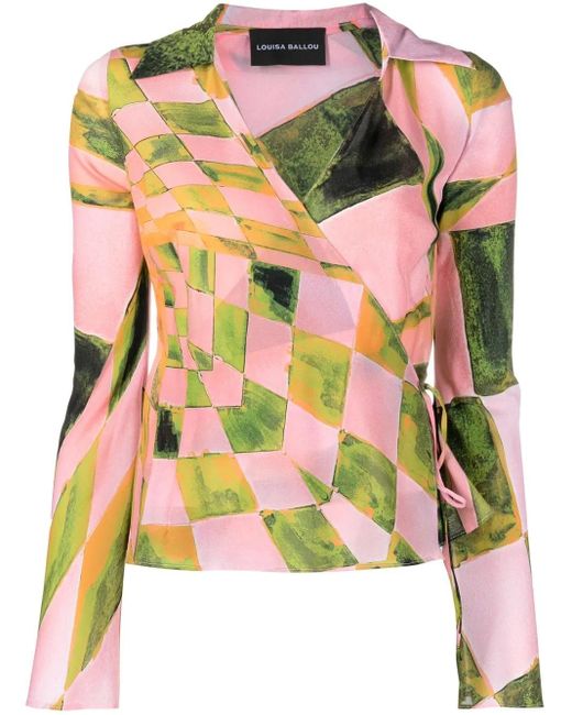 Louisa Ballou Pink Graphic-Print Silk-Blend Wrap Blouse