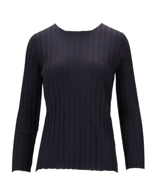LA ROSE Blue Ribbed Girocollo Top