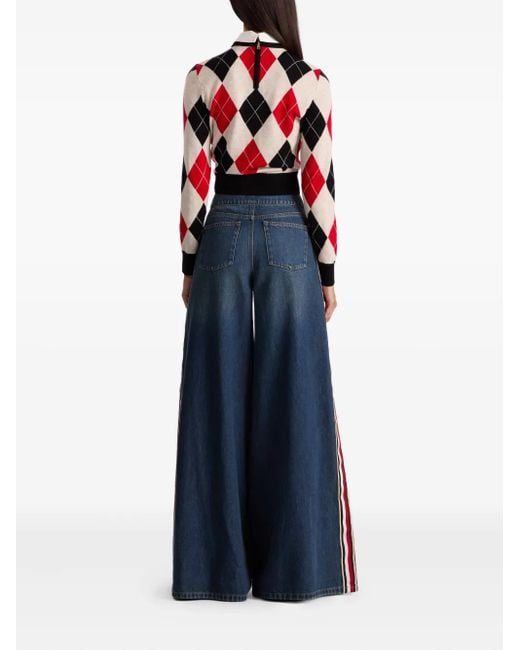 Alice + Olivia Red Argyle-Pattern Sweater